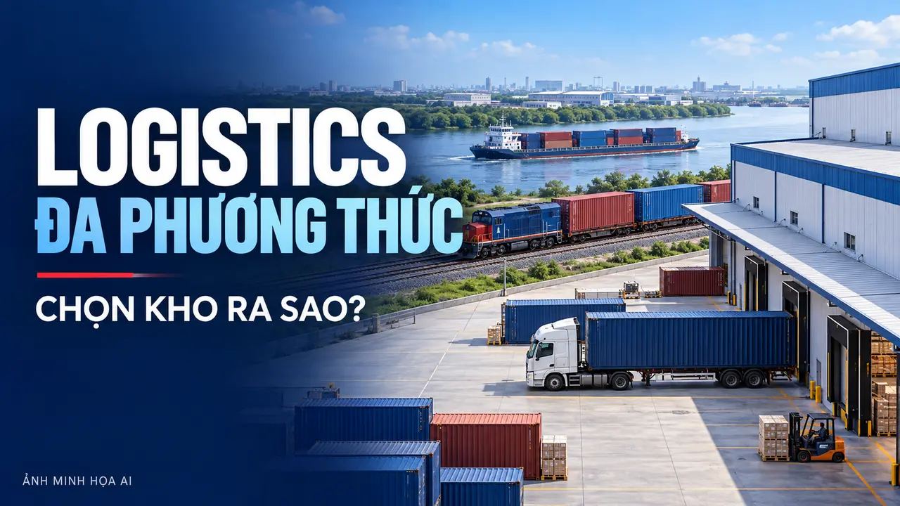 Ảnh minh họa AI về kho hàng kết nối xe tải, đường sắt và đường thủy